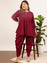 Women's Red Plus Size Floral Yoke Design Sequined A-Line Kurti with Dhoti Pant