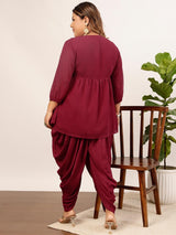 Women's Red Plus Size Floral Yoke Design Sequined A-Line Kurti with Dhoti Pant