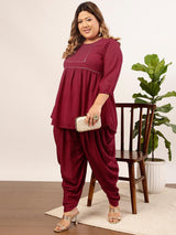 Women's Red Plus Size Floral Yoke Design Sequined A-Line Kurti with Dhoti Pant