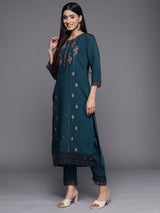 Women's Blue Floral Embroidered Mirror Work Chanderi Silk Kurta With Trousers & With Dupatta