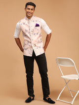 Men's Peach Muslin Floral Printed Full Sleeves Nehru Jacket