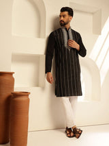 Men's Black Cotton Silk Long Kurta with Elegant Neck Embroidery