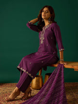 Women's Purple Kurta with Zari Embroidery Teamed with Trouser and Paired with Dupatta