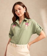 Women's Green Casual Floral Half Sleeves Shirt