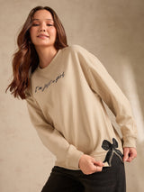 Women's Beige Typographic Bow Sweatshirt