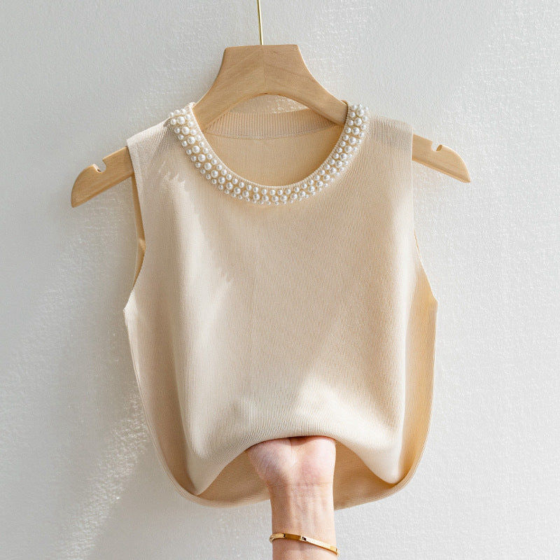 Women's Cream Pearl Studded Tank Top