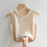 Women's Cream Pearl Studded Tank Top