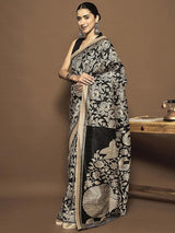 Women's Bhagalpuri Silk Black Printed Designer Saree with Blouse Piece