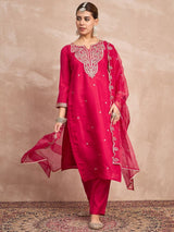 Women's Pink Kurta Set with Intricate Zari Embroidery Paired and Solid Trouser with Dupatta