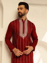 Men's Maroon Cotton Silk Long Kurta with Elegant Neck Embroidery
