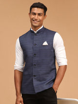 Men's Blue Silk Blend Textured Full Sleeves Nehru Jacket