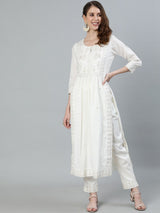 Women's Off White Ethnic Motifs Embroidered Pure Cotton Kurta with Trousers