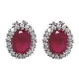 Women's Rhodium Plated American Diamond CZ Ruby Halo Stud Earrings