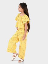 Girls Yellow Casual Printed Regular Fit Half Sleeves Clothing Set