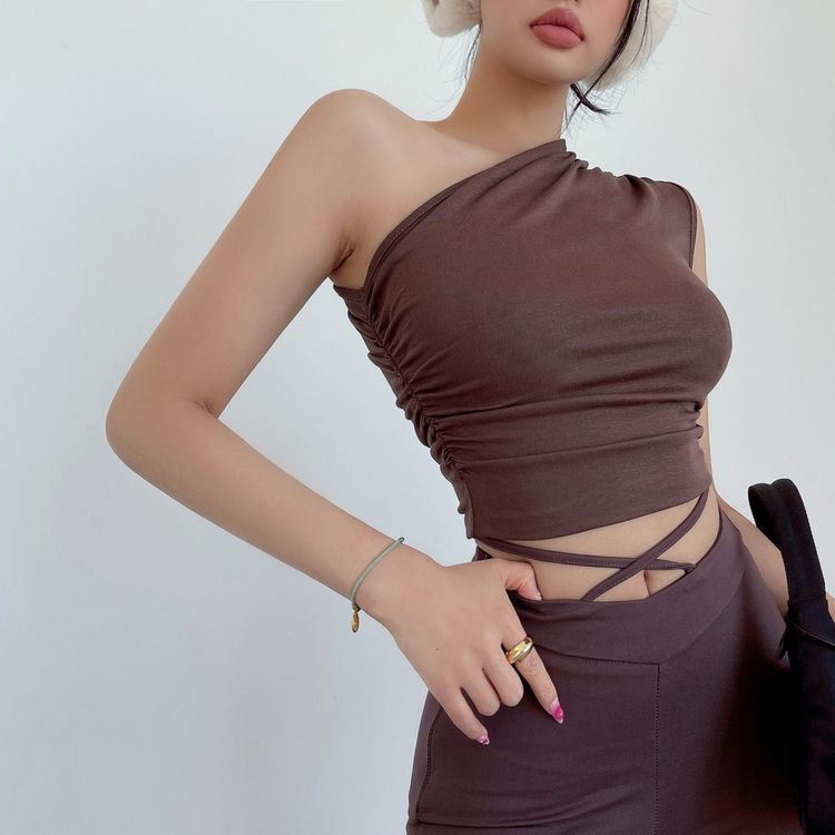 Women's Brown Casual Skinny Fit Solid Top