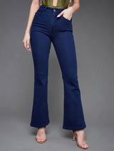 Women's Navy Blue Bootcut High Rise Clean Look Regular Length Stretchable Denim Jeans