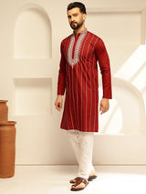 Men's Maroon Cotton Silk Long Kurta with Elegant Neck Embroidery