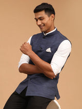 Men's Blue Silk Blend Textured Full Sleeves Nehru Jacket