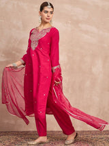 Women's Pink Kurta Set with Intricate Zari Embroidery Paired and Solid Trouser with Dupatta