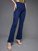 Women's Navy Blue Bootcut High Rise Clean Look Regular Length Stretchable Denim Jeans