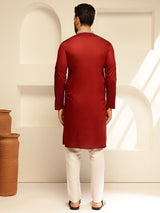 Men's Maroon Cotton Silk Long Kurta with Elegant Neck Embroidery