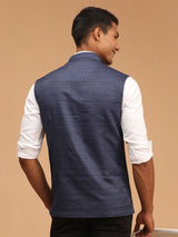 Men's Blue Silk Blend Textured Full Sleeves Nehru Jacket