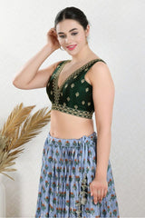 Women's Green Mulbury Silk Padded Back Open Sleeveless Saree Blouse
