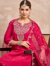 Women's Pink Kurta Set with Intricate Zari Embroidery Paired and Solid Trouser with Dupatta