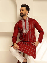 Men's Maroon Cotton Silk Long Kurta with Elegant Neck Embroidery
