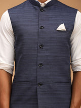 Men's Blue Silk Blend Textured Full Sleeves Nehru Jacket