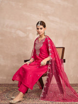 Women's Pink Kurta Set with Intricate Zari Embroidery Paired and Solid Trouser with Dupatta