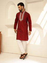 Men's Maroon Cotton Silk Long Kurta with Elegant Neck Embroidery