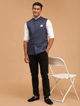 Men's Blue Silk Blend Textured Full Sleeves Nehru Jacket