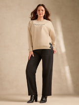 Women's Beige Typographic Bow Sweatshirt