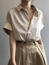 Women's Beige Casual Boxy Shirt with Rolled Sleeves