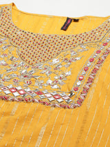 Women's Mustard Yellow Embroidered Regular Gotta Patti Kurta with Sharara with Dupatta