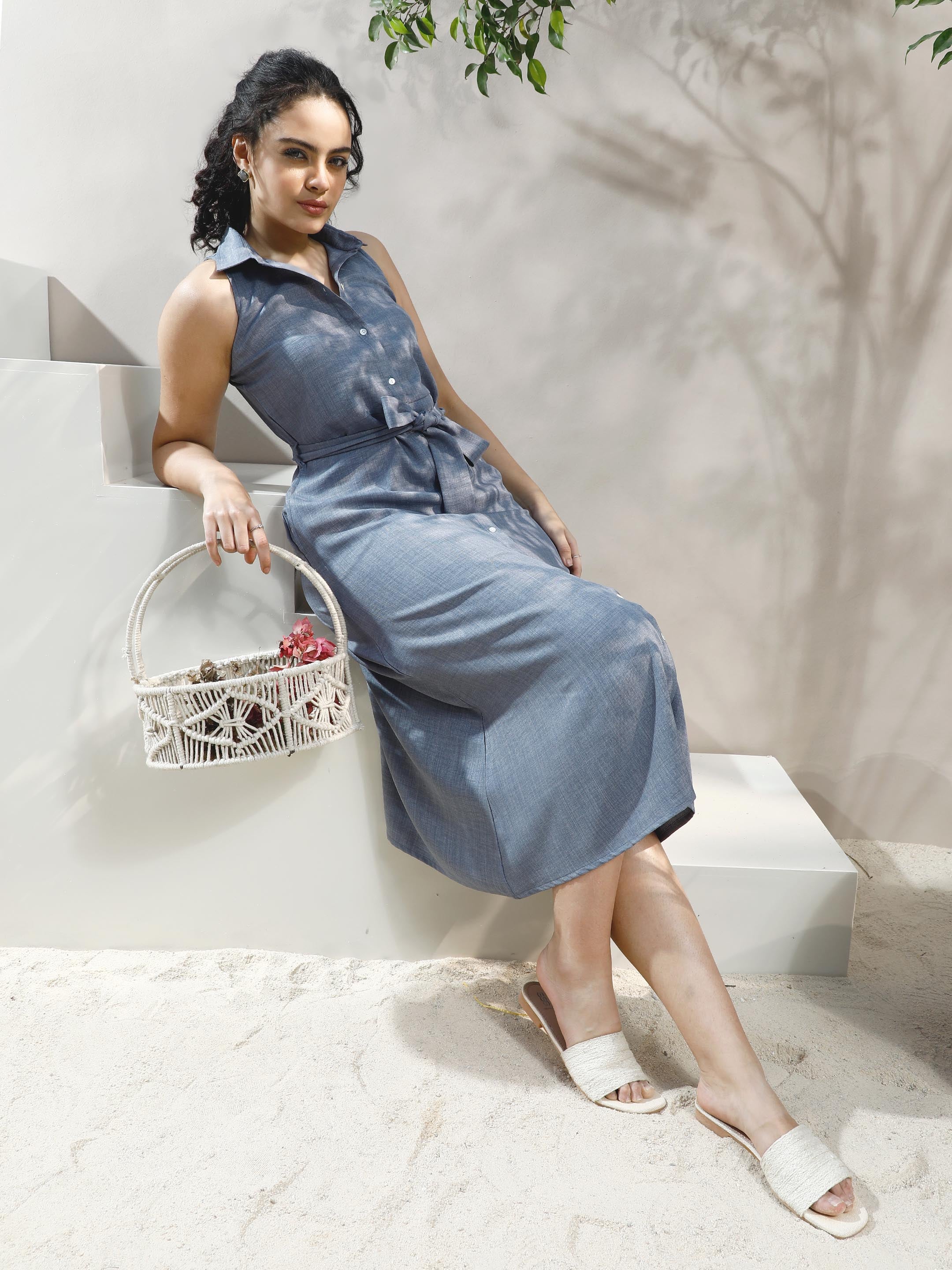 Women's Blue Casual Midi Dress