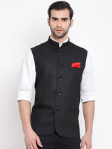 Men's Black Solid Cotton Blend Full Sleeves Nehru Jacket