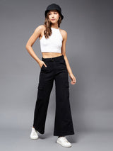 Women's Black Wide Leg High Rise Clean Look Regular Stretchable Denim Jeans