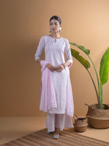 Women's Pink Cotton Printed Straight Kurta with Cotton Printed Palazzo and Chiffon Solid Dupatta