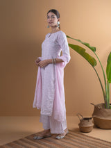 Women's Pink Cotton Printed Straight Kurta with Cotton Printed Palazzo and Chiffon Solid Dupatta