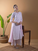 Women's Pink Cotton Printed Straight Kurta with Cotton Printed Palazzo and Chiffon Solid Dupatta