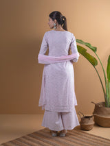 Women's Pink Cotton Printed Straight Kurta with Cotton Printed Palazzo and Chiffon Solid Dupatta