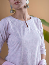 Women's Pink Cotton Printed Straight Kurta with Cotton Printed Palazzo and Chiffon Solid Dupatta