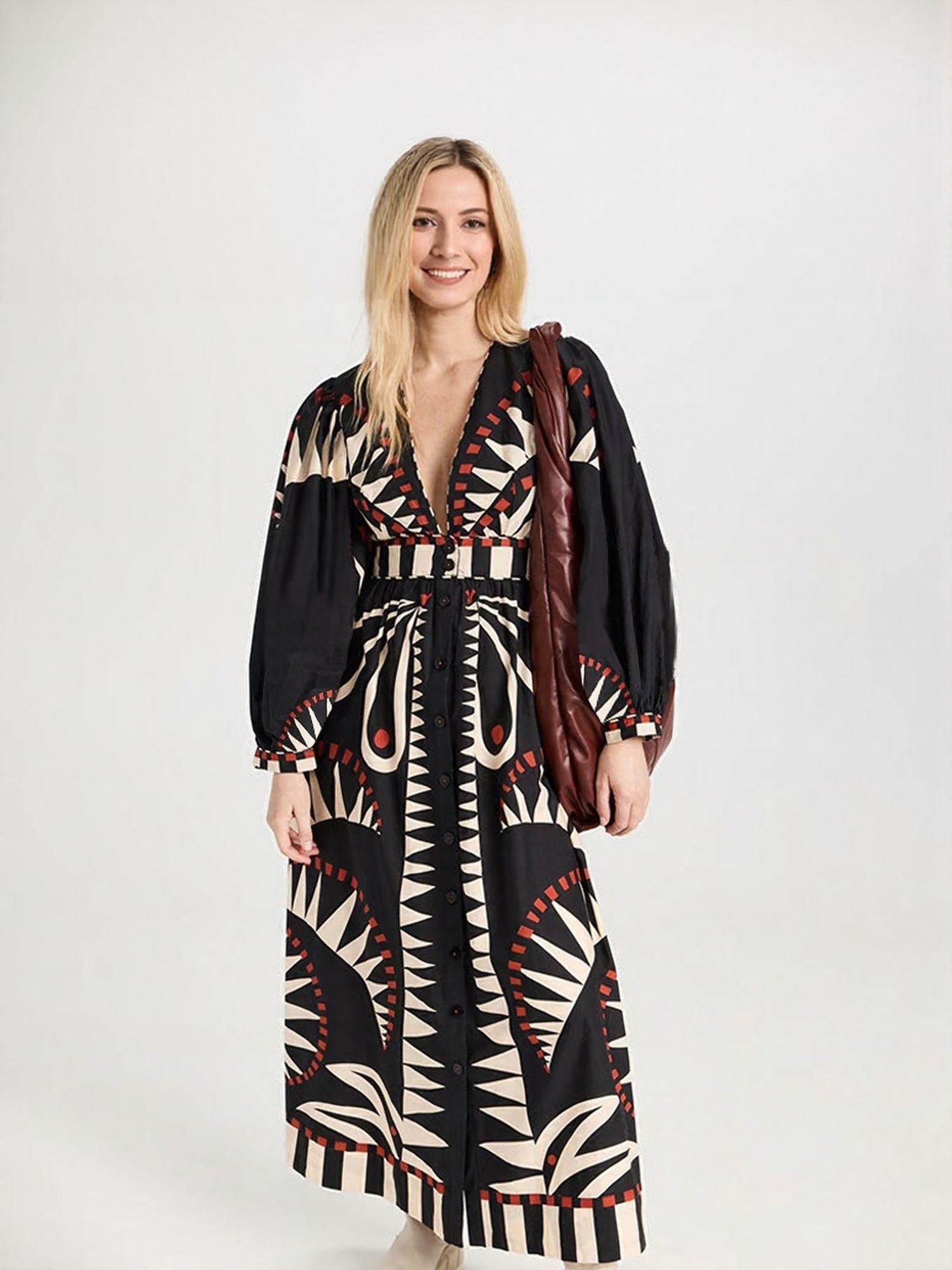 Women's Black Placement Tribal Print Shirt Maxi Dress