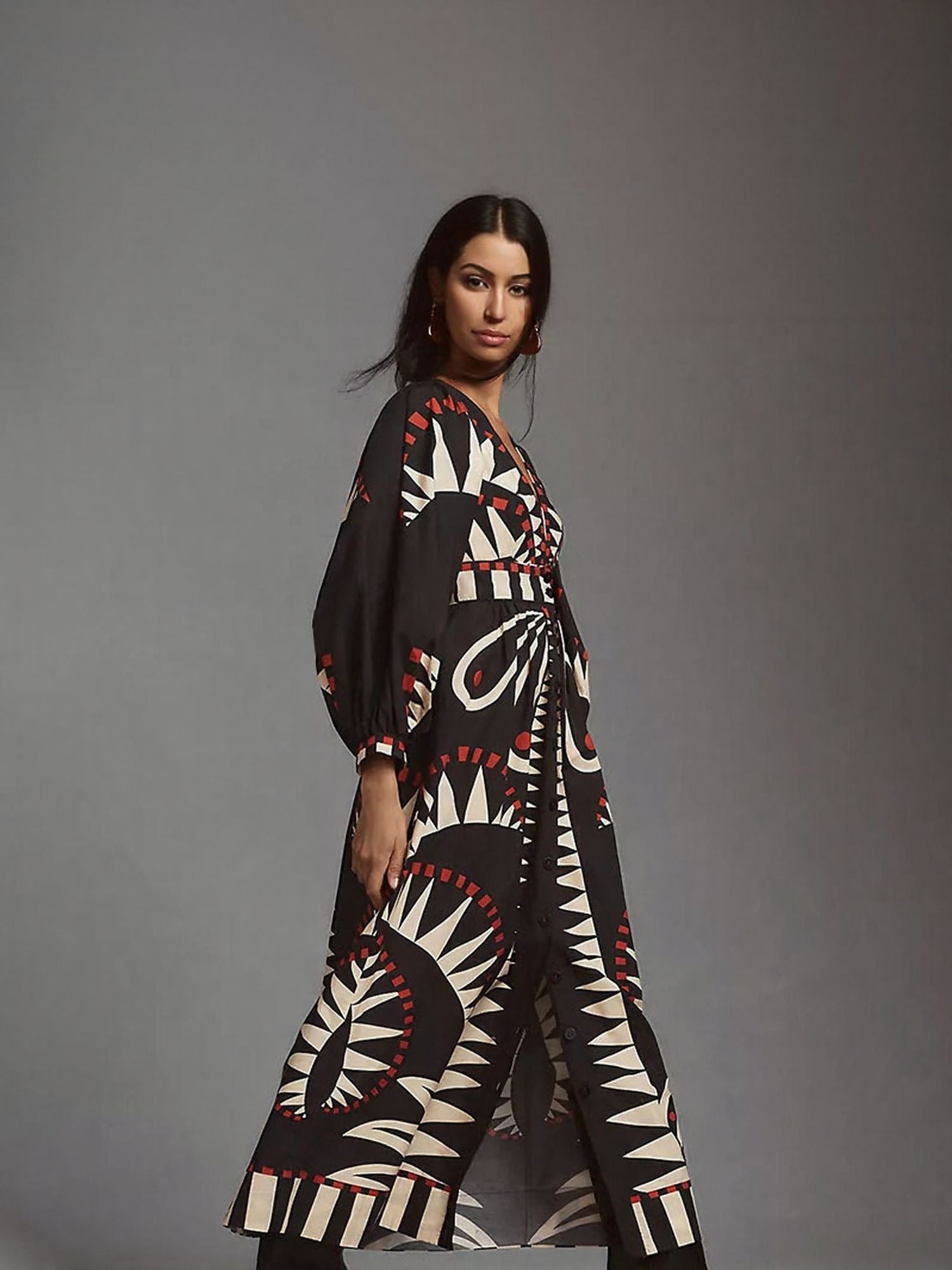 Women's Black Placement Tribal Print Shirt Maxi Dress