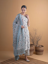 Women's White Cotton Printed Straight Kurta with Cotton Printed Palazzo and Cotton Printed Dupatta