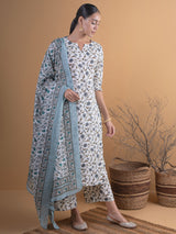 Women's White Cotton Printed Straight Kurta with Cotton Printed Palazzo and Cotton Printed Dupatta