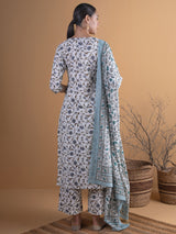 Women's White Cotton Printed Straight Kurta with Cotton Printed Palazzo and Cotton Printed Dupatta