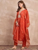 Women's Rust Kurta Set with Intricate Zari Embroidery Paired with Solid Trouser and Dupatta